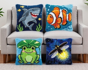 Ocean Animal Latch Hook Pillow Kit Shark Fish Frog Firefly Easy Craft Gift