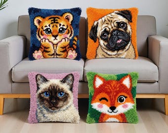 Animal Lover Gift Latch Hook Kit Adult Pug Cat Fox Tiger Cushion Room Decor