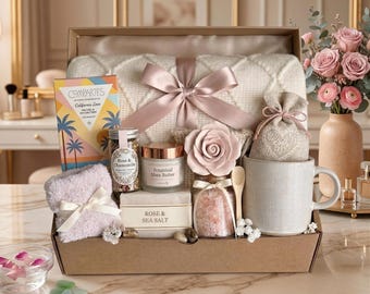 Hygge Gift Box, Cozy Blanket, Artisan Chocolate, Lavender Honey, Ceramic Mug