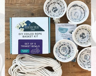 DIY Set of 5 Trinket Bowls Kit Coiled Rope Basketry—Make Your Own Craft Sewing Pattern Tutorial Organizer Bowl Storage