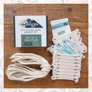 May include: A DIY coiled rope basket kit from The Mountain Thread Company. The kit includes enough rope to make three 6x6 inch mug rugs. The kit also includes instructions on how to make the rugs.