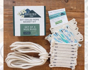 DIY 3 Mug Rugs 5/16" Kit Coiled Rope Basketry—Make Your Own Craft Sewing Pattern Tutorial Organizer Bowl Storage Home Storage Gift