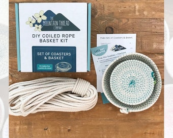 DIY Set of Coasters & Basket Kit Coiled Rope Basketry—Make Your Own Craft Sewing Pattern Tutorial Organizer Bowl Storage Home Storage Gift