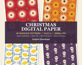 Puede incluir: Una colección de cuatro patrones de papel digital con un fondo rojo con estrellas blancas, un fondo naranja con flores amarillas, un fondo de cuadros azules con limones amarillos y un fondo morado con calaveras blancas y acebo.