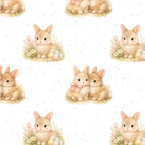 May include: Watercolor pattern featuring adorable bunnies, tulips, daisies, and Easter eggs. The bunnies are light brown with pink accents, and some wear pink bows. The eggs are pastel colors, and the flowers are pink and white, all on a white background.
