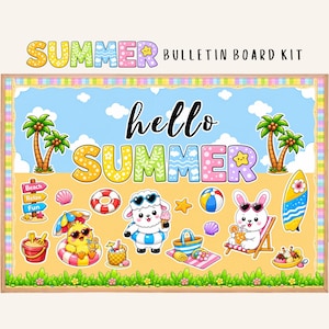 以下が含まれることがあります： 「SUMMER」と「hello SUMMER」の文字が入った夏の掲示板キット。ヤシの木、浮き輪に乗ったヒヨコ、サングラスをかけた羊、ビーチチェアに座ったウサギ、サーフボード、ビーチアクセサリーの漫画風イラストが描かれています。