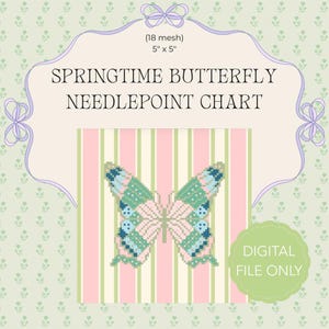 Op de afbeelding: Een digitaal kruissteekpatroon met een vlinderontwerp. De kaart is 12,7 cm x 12,7 cm groot en bevat de tekst "Springtime Butterfly Needlepoint Chart". De vlinder heeft roze, blauwe en groene gepixelde vleugels.