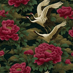 May include: A detailed pattern showing white cranes with black and brown wingtips in flight, set against a dark green background with burgundy peonies. The design includes gold-toned cloud shapes, creating a rich floral and avian motif.