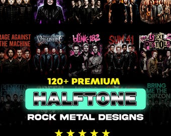120+ Halbton-Rock-Designs | Hochauflösende PNG Grafik-Bundle | Kontrastreicher Stil