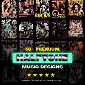 Peut inclure: Une collection de motifs sur le thème de la musique, avec divers artistes, dont Eminem, 50 Cent et Rihanna. L'image présente une variété de graphismes avec le texte "60+ PREMIUM HALFTONE MUSIC DESIGNS".