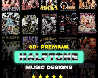 60+ Halbton-Musikdesigns PNG | Dark & Bold Artwork für schwarzen Stoff, DTF, Siebdruck Sublimation