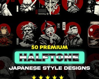 50 Halbton japanische Designs | Hochauflösende PNG Grafik-Bundle | Stilisierter Halbton-Stil