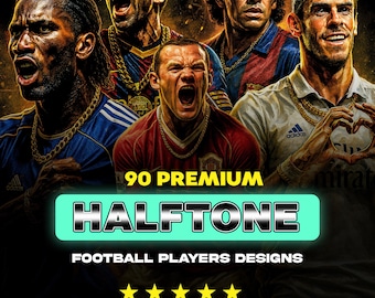 90 Fußball-Halftone-V2-Designs (PNG-Bundle, A2, A3, A4) | Premium-Fußball-Streetwear-Grafiken | DTF/DTG-T-Shirt-Druckpaket | Digitaler Download