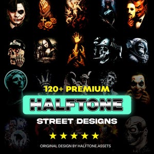 May include: A collection of halftone street designs featuring various illustrations, including portraits, religious figures, and skulls. The image includes the text "120+ PREMIUM HALFTONE STREET DESIGNS" and "ORIGINAL DESIGN BY HALFTONE.ASSETS".