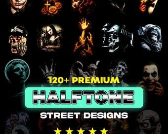 120+ Premium Halftone Street Designs Bundle - hochauflösende PNG für DTF & DTG-Druck, Streetwear T-Shirt Design Pack