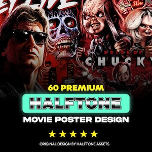May include: A horror movie poster design with a collage of characters, including Chucky from "Bride of Chucky." The poster is predominantly red and black, with the text "60 PREMIUM HALFTONE MOVIE POSTER DESIGN."