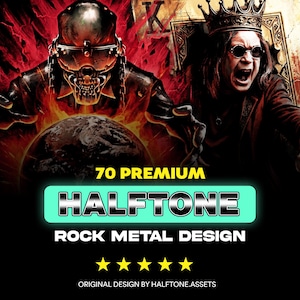 May include: Digital artwork depicting a skull-faced figure and a man wearing a crown, with a playing card. The image includes the text "70 PREMIUM HALFTONE ROCK METAL DESIGN" and five gold stars.