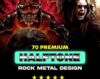 70 Halbton-Rock-Stil PNG-Pack | Kontrastreiche Grafik mit hoher Auflösung | A2 A3 A4 Formate | Druckfertiges Design Bundle
