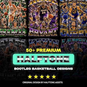 Op de afbeelding: Een zwart grafisch ontwerp met basketballegendes Larry Bird, Kobe Bryant en Stephen Curry. Het ontwerp bevat de tekst "50+ PREMIUM HALFTONE BOOTLEG BASKETBALL DESIGNS" met een vijfsterrenbeoordeling en de tekst "ORIGINAL DESIGN BY HALFTONE.ASSETS."