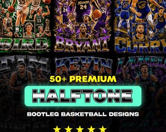50+ Halbton Basketball Bootleg Designs PNG Bündel A2 A3 A4 | Premium Sports Streetwear Grafiken | DTF DTG T-Shirt Paket