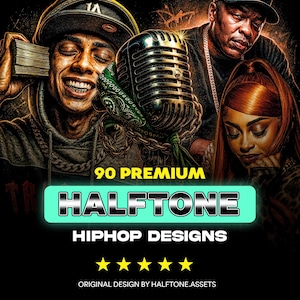 May include: Digital artwork with three figures, a retro microphone, and the text "90 Premium Halftone Hiphop Designs." The image has a black background with yellow stars and the text "Original Design by Halftone.Assets."