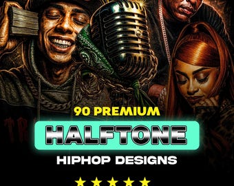90 HipHop-Halbton-Designs (PNG-Bundle, A2, A3, A4) | Street Culture Grafik | Urban Streetwear | DTF-Siebdruck | Ohne Hintergrund