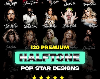 120 Halftone Popstar Designs A2 A3 A4 | Music Star Portrait PNG Bundle | High Contrast Pop Style | Black Fabric Ready | DTF Screen Print