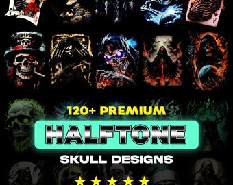 120 Halbton-Totenkopf-Designs | Dunkle PNG Grafik für DTF, Siebdruck, Sublimation