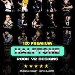 Può includere: Uno sfondo nero con una composizione di icone del rock, tra cui Freddie Mercury ed Elvis Presley. L'immagine include il testo "120 PREMIUM HALFTONE ROCK V2 DESIGNS".
