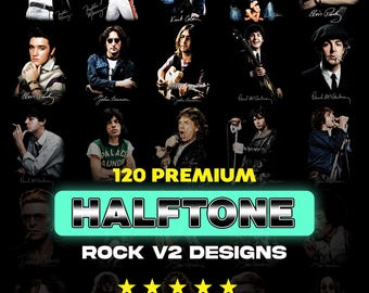 120 Halbton Rock Designs V2 PNG Bündel A2 A3 A4 | Kontrastreiche Rockmusik Grafiken | DTF Siebdruckfertig | Schwarzes Shirt Design
