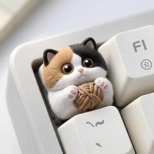 Könnte beinhalten: Eine skurrile Katzen-Tastenkappe mit einem Schildpattmuster aus Schwarz, Braun und Weiß, die einen Wollknäuel hält. Die Tastenkappe befindet sich auf einer weißen Tastatur und verleiht jedem Setup eine verspielte Note.
