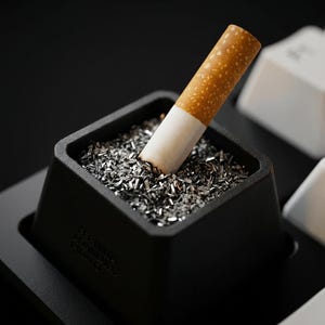 May include: A black ashtray, resembling a keyboard key, containing ash and a lit cigarette. The cigarette has a white filter and a brown tobacco section. The ashtray sits on a black surface, with white keyboard keys visible in the background.