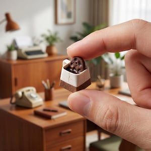 Puede incluir: Una taza en miniatura blanca y marrón con una galleta de chocolate sumergida en un líquido oscuro. La taza se sostiene entre dos dedos. El fondo muestra un escritorio de madera con una máquina de escribir, un teléfono y plantas.