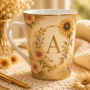 Op de afbeelding: Crèmekleurige keramische mok met een bloemenontwerp en de letter "A". De mok heeft een gouden rand en oor, met een krans van bloemen en een zonnebloem. De mok staat op een kanten kleedje.