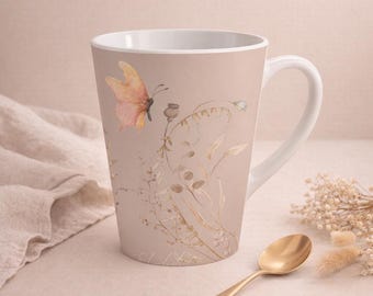 Taza de café o té personalizada con diseño botánico floral / Taza de cerámica minimalista color beige