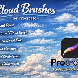 Op de afbeelding: Digitale kunstpenselen voor Procreate, met tools met een wolken-thema. De afbeelding toont een blauwe lucht met pluizige witte wolken en een lijst met penseltypen: Cloud Rake, Textured Cloud Brush, Grainy Cloud Rake, Cloud Hatching, Cloud Grain Thick en Clean Calligraphy.