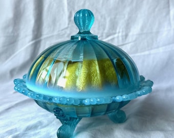 Antique Mosser  Light blue opaliscent  Glass,Candy dich,bonboniere,Jewerley box,   Rare round butter dish