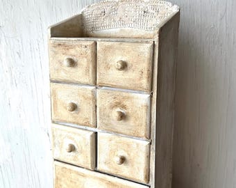 SALE Antique Primitive hand-made wood little dresser ,White Annie Sloan  color   hanging herbal  box,very nice farm house decoration