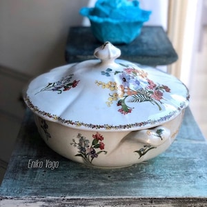 Antique French Sarreguemines transferware soup turren serving Lidded Bowl,France Ironstone rare