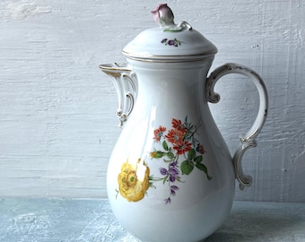 Meissen Antique Hand Painted Flowers Colorful and 24 k. gold Teapot big size
