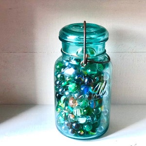 Vintage Blue Mason Jar  Ball and  vintage  Marbles,blue and colorful marbles