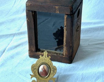 Earle 1870 Antique Wooden handmade box ,Standing Antique Catholic home altar  box and miniatures ST. Maria box.Rare. travel case