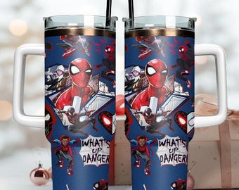 Superhero 40oz Insulated Tumbler with Handle and Straw, Comic Book Style Web Slinger Travel Mug, Multiverse Superhero Gift for Fan, 40oz Cup