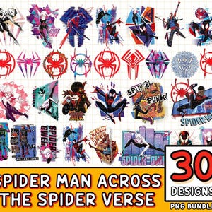Puede incluir: Un conjunto de 30 diseños de Spider-Man en un paquete PNG. Los diseños presentan varios personajes de Spider-Man en poses de acción, junto con gráficos de telarañas y logotipos. También se incluye el texto "Spider-Man Across the Spider-Verse".