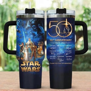 StarWars Mug 40Oz Tumbler, Mandalorian Drinkware, Anniversary 50Th Baby Yoda Cup, Jedi Darth Vader - Tumbler With Handle, Coffee Mug 40oz image 1