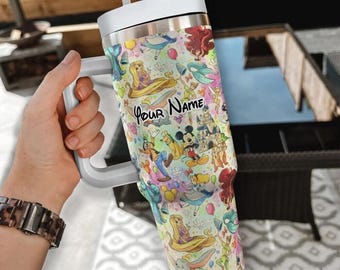 Gobelet personnalisé Disney personnages célèbres colorés, gobelet avec signatures personnages Disneyland 40 oz, cadeau gobelet pour les fans de Disneyland