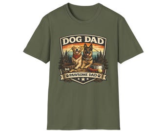 Dog Dad vintage camp badge T-Shirt | Two dogs, mountains, pawsome dad