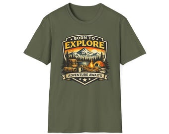 Born to Explore Adventure Awaits T-Shirt | Mountain Camping Emblem