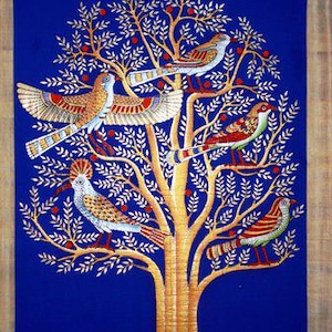 Pintura egipcia en papiro - Árbol de la vida sobre fondo azul intenso