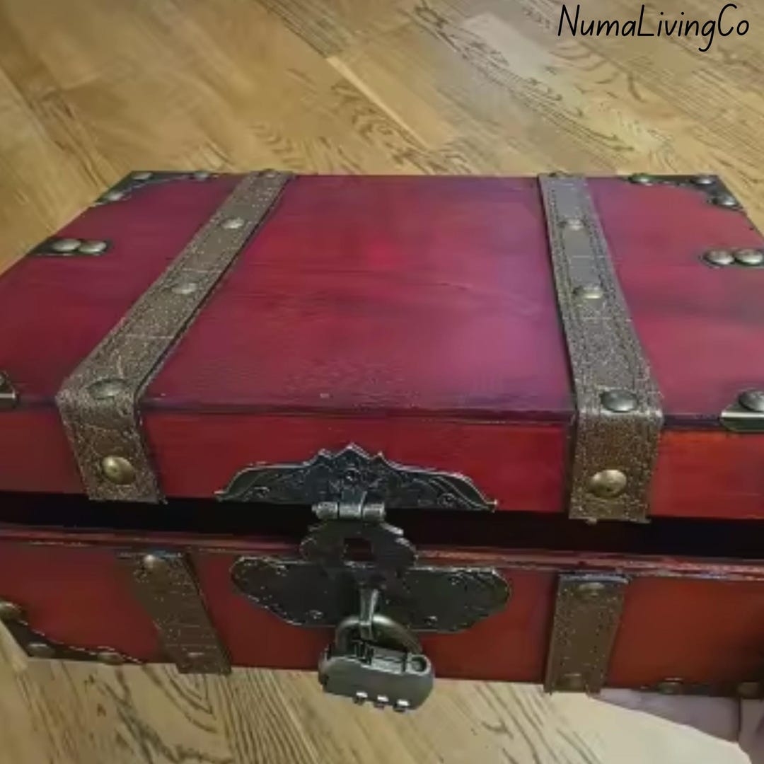 Vintage Wooden Treasure Chest Box With Lock, Antique Style Jewelry ...